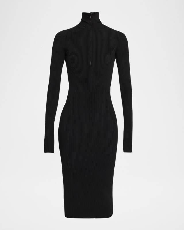 Long-Sleeve Zip-Front Rib-Knit Midi Dress